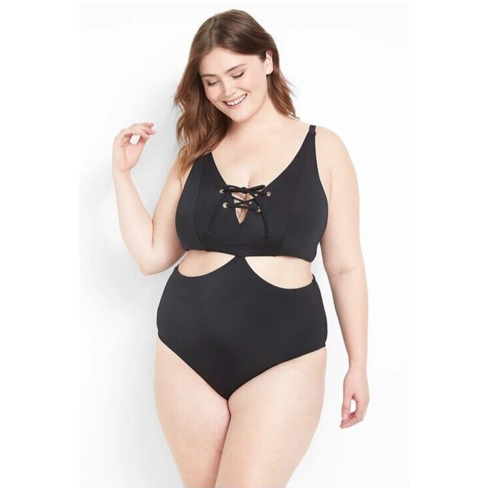 Lane Bryant Womans Sz 20 Plus One Piece‎ Swim Suit Cutout Lace Up Black NWT